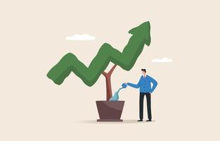 Financial growth Investment strategy plan. Long-term investment strategy, income growth, business income increase, return on investment.  Businessman watering down arrow graph plant. vector