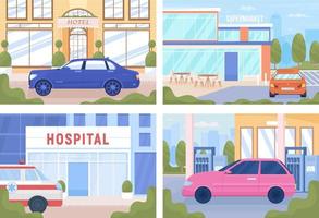 Urban infrastructure objects flat color vector illustrations set