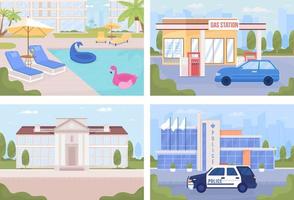 Modern city view and poolside flat color vector illustrations set