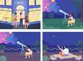 Night scenes with people flat color vector illustrations set