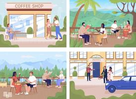 People spending time in public places flat color vector illustrations set