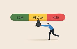 Risk Management Meter. Risk stock, Finance, economy, inflation, Investment, Financial or business risk management.  Businessman tries to push the needle lower. vector