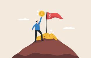 Success in finance and investment. Growing a business or company. Profit from investment. Business leader achieving goal. Businessman standing on top of a mountain. vector