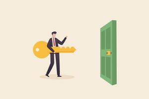 Business unlocking and management. The way to success and opportunity.The key to solving business problems.Businessman holding large keys and closed doors. vector