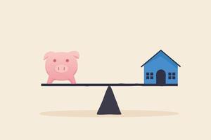 Balancing housing costs. Scale is balancing piggy bank vs house. vector