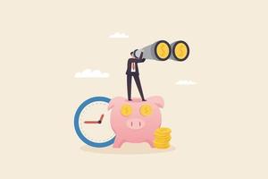 Financial future, opportunity, financial goals, looking for investment opportunities.Saving for the future in retirement. a businessman standing on a piggy bank looking for money through binoculars. vector