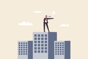 Leadership vision, company growth. The future direction of the organization.A businessman stands with binoculars on top of a tall building. vector