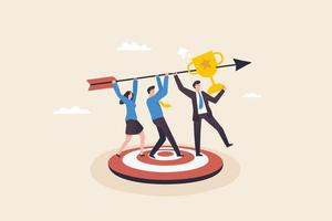 Big rewards for business teams, teamwork collaboration to achieve target, Rewards or bonuses for achievements or victories at work. A team of businessmen hold giant arrows that hit targets. vector