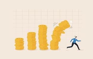 Bankruptcy, stock market crash. Crisis or depression. investment risk or loss, loss of investment money. Investors, businessmen, fleeing piles of falling silver coins. vector