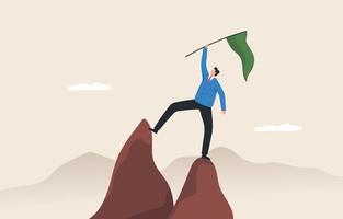 Success at the top. Leadership to reach business goal. career success or assigned tasks. contest winner. A young man or businessman raises a flag on a high mountain peak. vector