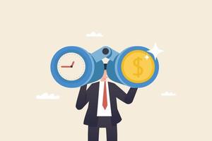 Time and money are important concepts for investors.Time Management Tips for Financial. Businessman look through binoculars to find time and coin money. vector