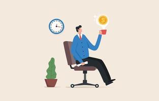 Time is Money, Time and decisions affect money. Time is precious. Businessman, office worker, sitting at his workplace, Drinking hot coffee, thinking and getting money. vector