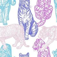 Tiger engraved seamless pattern on white background. Vintage wild animals in hand drawn style. vector