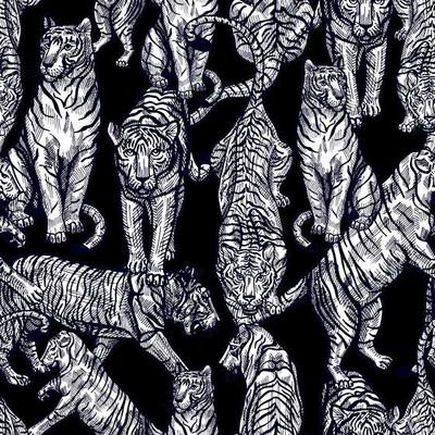 Tiger engraved seamless pattern on black background. Vintage wild animals in hand drawn style.