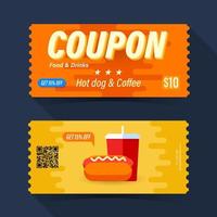 Food and drink coupon ticket card. Hot dog and coffee element