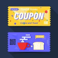 Food and drink coupon ticket card. Coffee and toast element template for graphics design. Vector illustration