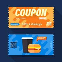 Food and drink coupon ticket card. Coffee and hamburger element template for graphics design. Vector illustration