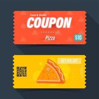 tarjeta de boleto de cupón de comida y bebida. plantilla de elemento de pizza para diseño gráfico. ilustración vectorial