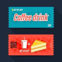 Coffee drink coupon ticket card. Coffee and cake element template for graphics design. Vector illustration