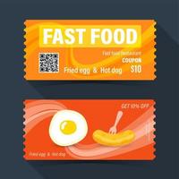 Fast food coupon ticket card. Fried egg and hot dog element template for graphics design. Vector illustration