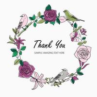 Vintage Greeting Card with Blooming Flowers and Birds. Thank You with Place for Your Text. Roses, Wildflowers, Vector Illustration