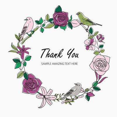 Vintage Greeting Card with Blooming Flowers and Birds. Thank You with Place for Your Text. Roses, Wildflowers, Vector Illustration