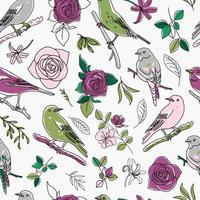 Seamless pattern. Birds nature animals illustration. Cute hand drawn bird and flowers doodles. Line style in minimalism. Vector picture.