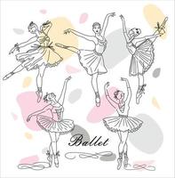 Women ballet dancer set of continuous line drawing in pink color. Dancing girls and figures