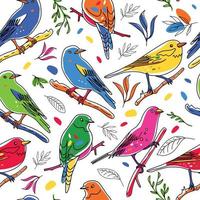 Seamless pattern. Birds nature animals illustration. Cute hand drawn bird and plants doodles. Line style in minimalism. Vector picture.