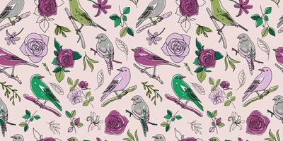 Seamless pattern. Birds nature animals illustration. Cute hand drawn bird and flowers doodles. Line style in minimalism. Vector picture.