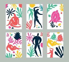 Set of trendy doodle and abstract nature icons on isolated white background. Summer collection, unusual organic shapes in freehand matisse art style. Includes people, floral art. vector