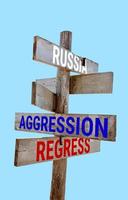 Wooden road sign with words war, russia, insane, sanctions, aggression, regress photo