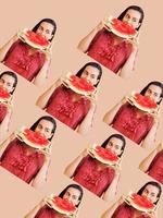 Pattern of cheerful woman holding a piece of sliced watermelon on a colorful background. Summer concept photo