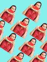 Pattern of cheerful woman holding a piece of sliced watermelon on a colorful background. Summer concept photo