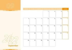 Horizontal planner for September 2022 in the orange color scheme. The week begins on Monday. A wall calendar in a minimalist style. vector