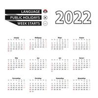 Calendario 2022 en idioma serbio, la semana comienza el domingo. vector