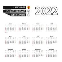 Calendario 2022 en idioma español, la semana comienza el domingo. vector