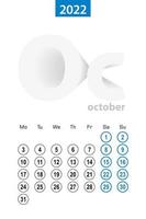 Calendar for October 2022, blue circle design. English language, week starts on Monday. vector