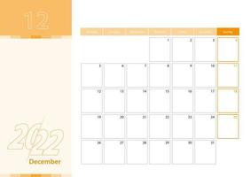 Horizontal planner for December 2022 in the orange color scheme. The week begins on Monday. A wall calendar in a minimalist style. vector