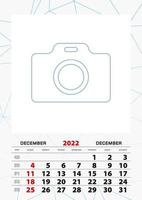 Wall calendar planner template for December 2022, week starts on sunday. vector