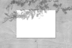 Empty white horizontal rectangular poster mockup with light shadow on gray concrete wall background. photo