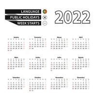 2022 calendar in Portuguese language, week starts from Sunday. vector