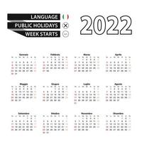 Calendario 2022 en italiano, la semana comienza el domingo. vector