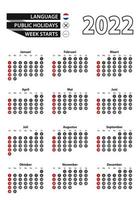 Dutch calendar 2022 with numbers in circles, week starts on Sunday. 2022 with flag of Netherlands vector