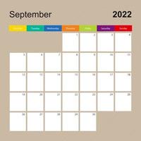 página de calendario para septiembre de 2022, planificador de paredes con diseño colorido. la semana comienza el lunes. vector