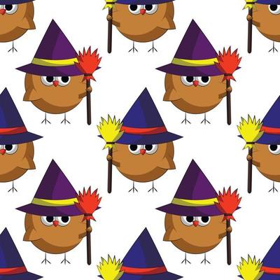 Seamless vector pattern with cute cartoon owl magician