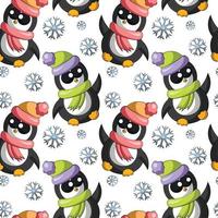 patrón de vector transparente con lindo pingüino de dibujos animados con copo de nieve