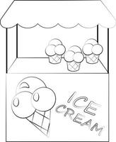 Stall counter with ice cream. Draw illustration in black and white vector