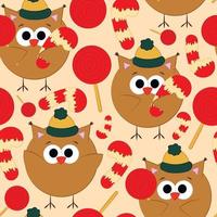 Seamless vector pattern with cute cartoon owl and candy