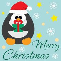 postal de felicitación navideña con pingüino de carácter con sombrero de Papá Noel y caja de regalo vector